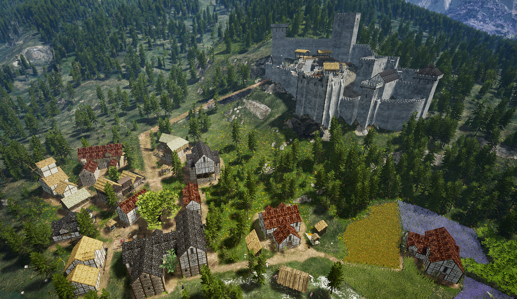 A medieval village beside water and fields